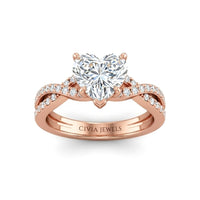Rose Gold Heart Diamond Engagement Ring With Twisted Pavé Band And Four Prong Solitaire Setting