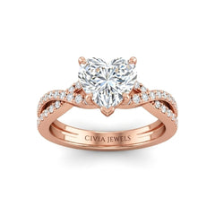 Rose Gold Heart Diamond Engagement Ring With Twisted Pavé Band And Four Prong Solitaire Setting