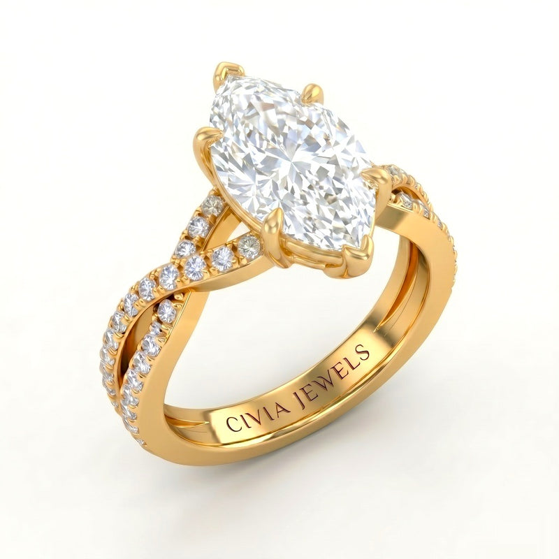 Yellow Gold Marquise Diamond Engagement Ring With Twisted Pavé Band And Four Prong Solitaire Setting