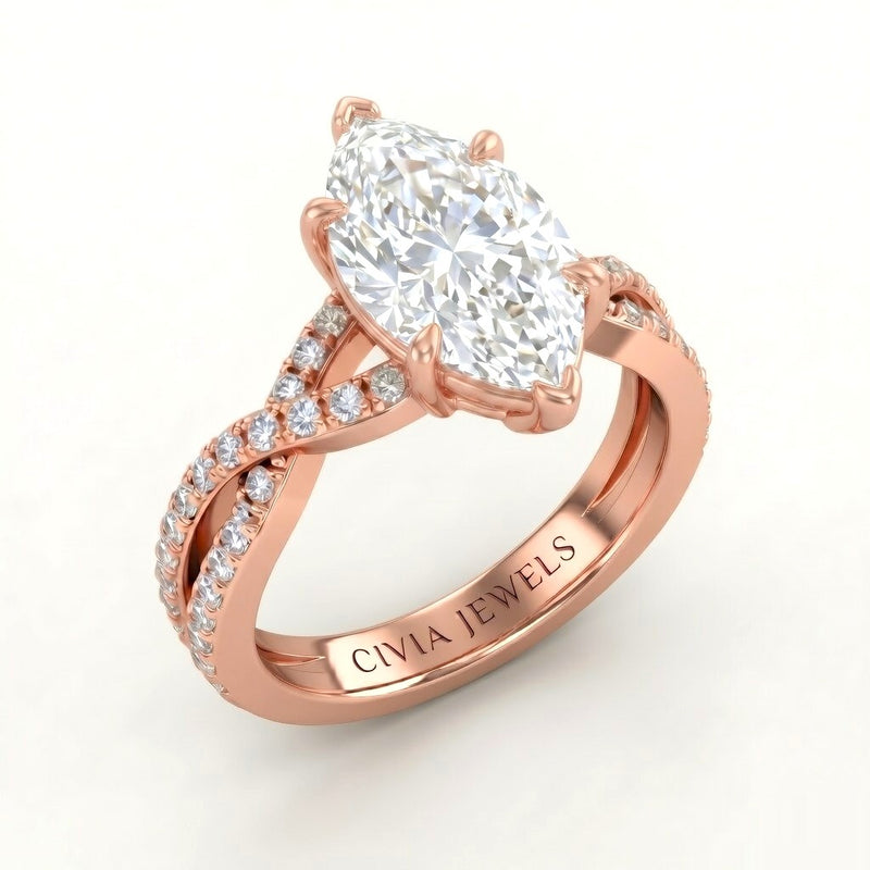 Rose Gold Marquise Diamond Engagement Ring With Twisted Pavé Band And Four Prong Solitaire Setting