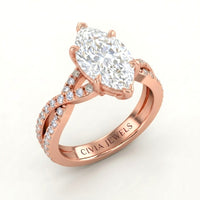 Rose Gold Marquise Diamond Engagement Ring With Twisted Pavé Band And Four Prong Solitaire Setting