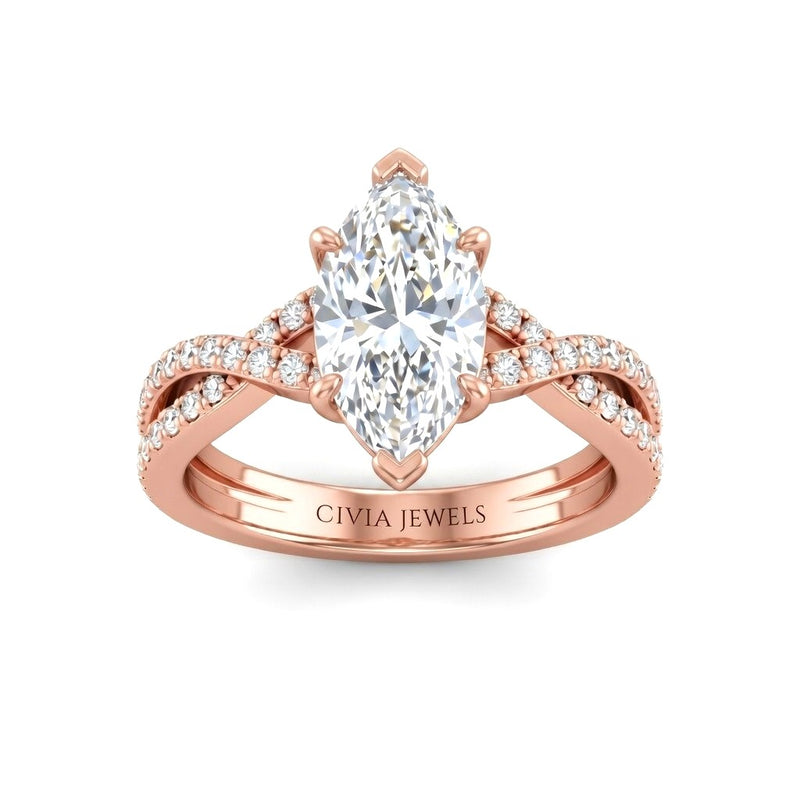 Rose Gold Marquise Diamond Engagement Ring With Twisted Pavé Band And Four Prong Solitaire Setting