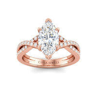 Rose Gold Marquise Diamond Engagement Ring With Twisted Pavé Band And Four Prong Solitaire Setting