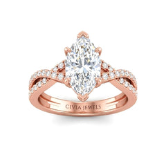 Rose Gold Marquise Diamond Engagement Ring With Twisted Pavé Band And Four Prong Solitaire Setting