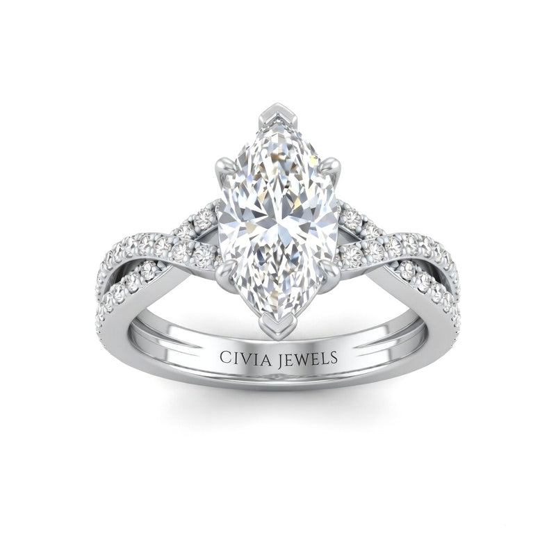 White Gold Marquise Diamond Engagement Ring With Twisted Pavé Band And Four Prong Solitaire Setting