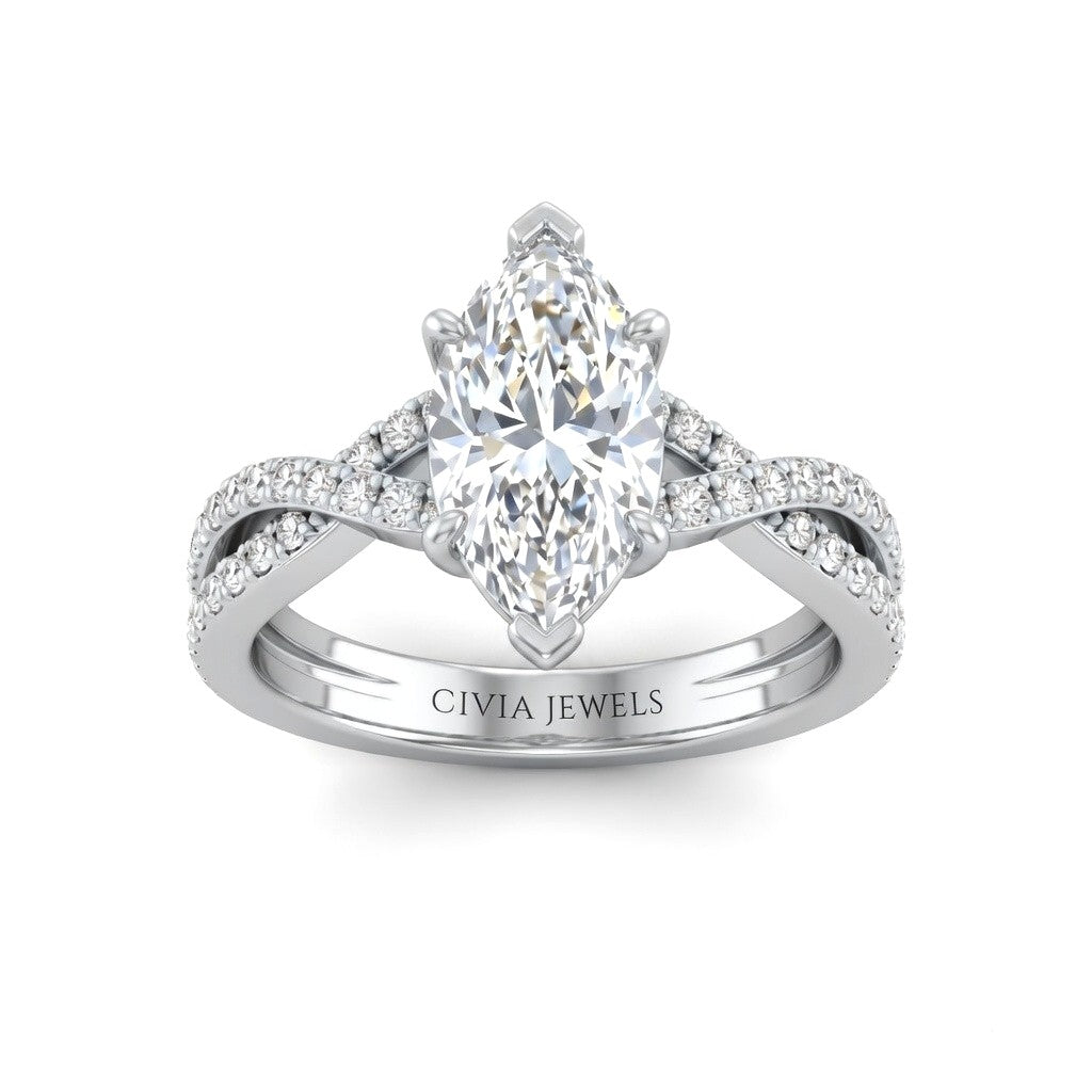 White Gold Marquise Diamond Engagement Ring With Twisted Pavé Band And Four Prong Solitaire Setting