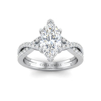 White Gold Marquise Diamond Engagement Ring With Twisted Pavé Band And Four Prong Solitaire Setting