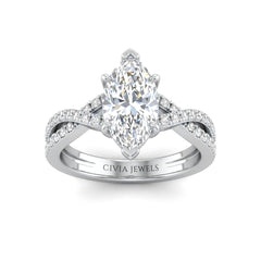 Silver Marquise Diamond Engagement Ring With Twisted Pavé Band And Four Prong Solitaire Setting