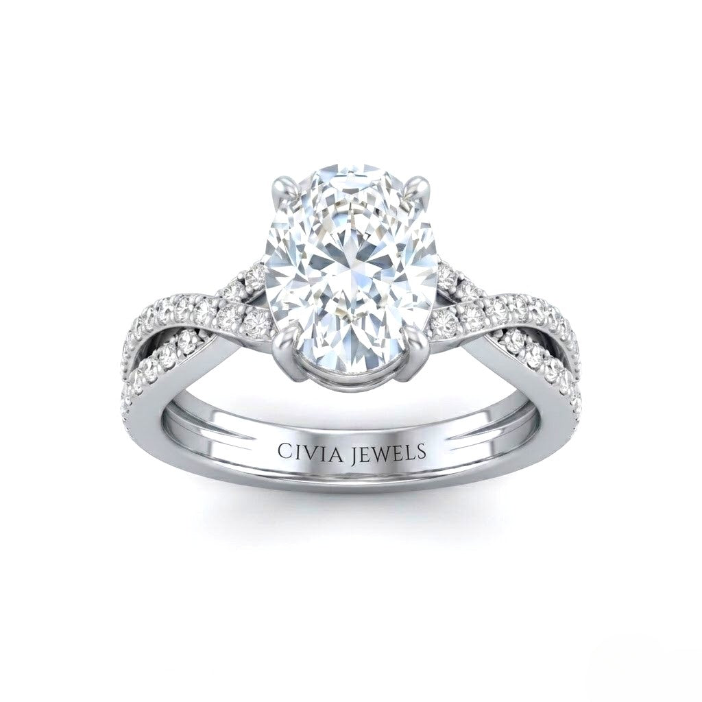 Silver Oval Diamond Engagement Ring With Twisted Pavé Band And Four Prong Solitaire Setting