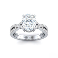 Silver Oval Diamond Engagement Ring With Twisted Pavé Band And Four Prong Solitaire Setting