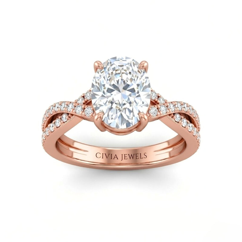 Rose Gold Oval Diamond Engagement Ring With Twisted Pavé Band And Four Prong Solitaire Setting