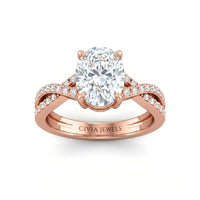 Rose Gold Oval Diamond Engagement Ring With Twisted Pavé Band And Four Prong Solitaire Setting