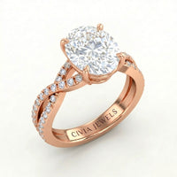 Rose Gold Oval Diamond Engagement Ring With Twisted Pavé Band And Four Prong Solitaire Setting