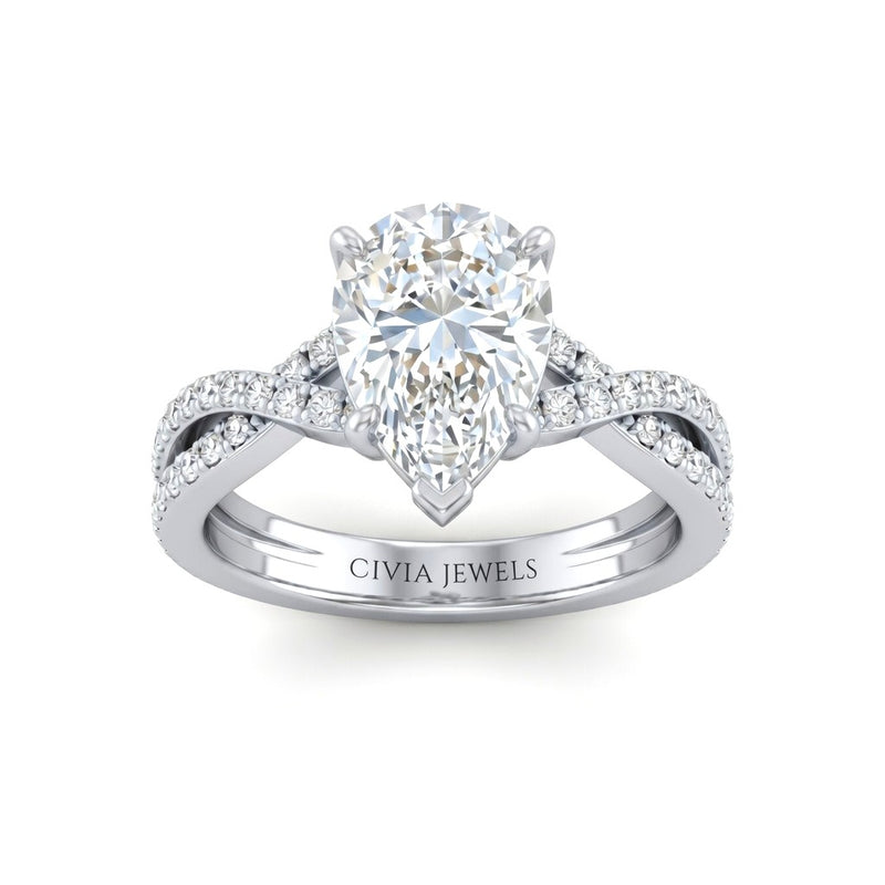 Silver Pear Diamond Engagement Ring With Twisted Pavé Band And Four Prong Solitaire Setting