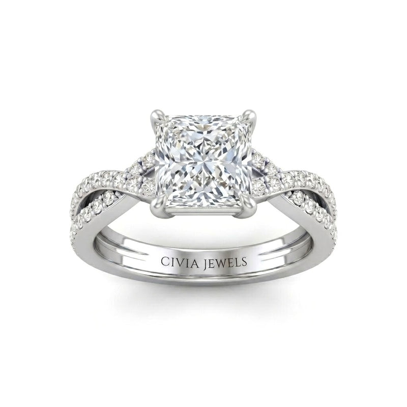 White Gold Princess Diamond Engagement Ring With Twisted Pavé Band And Four Prong Solitaire Setting