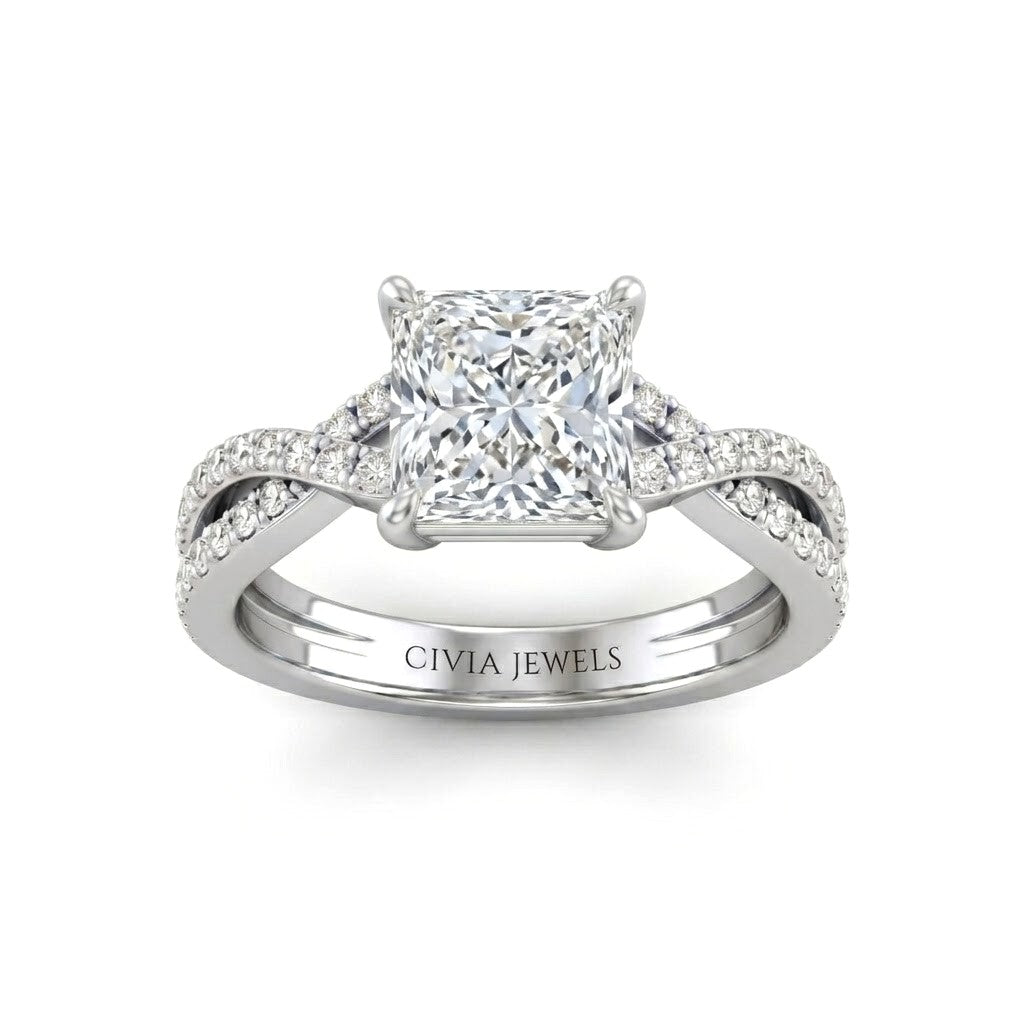 White Gold Princess Diamond Engagement Ring With Twisted Pavé Band And Four Prong Solitaire Setting