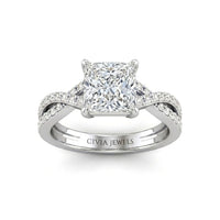Silver Princess Diamond Engagement Ring With Twisted Pavé Band And Four Prong Solitaire Setting