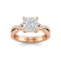 Rose Gold Princess Diamond Engagement Ring With Twisted Pavé Band And Four Prong Solitaire Setting