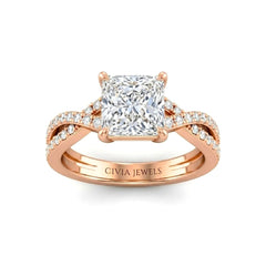 Rose Gold Princess Diamond Engagement Ring With Twisted Pavé Band And Four Prong Solitaire Setting