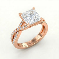 Rose Gold Princess Diamond Engagement Ring With Twisted Pavé Band And Four Prong Solitaire Setting