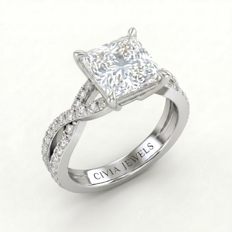 White Gold Princess Diamond Engagement Ring With Twisted Pavé Band And Four Prong Solitaire Setting