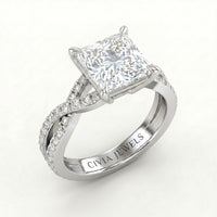 White Gold Princess Diamond Engagement Ring With Twisted Pavé Band And Four Prong Solitaire Setting