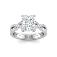 White Gold Radiant Diamond Engagement Ring With Twisted Pavé Band And Four Prong Solitaire Setting
