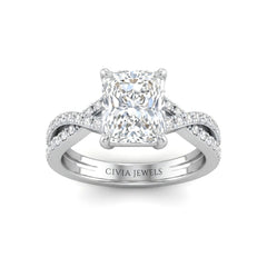 White Gold Radiant Diamond Engagement Ring With Twisted Pavé Band And Four Prong Solitaire Setting