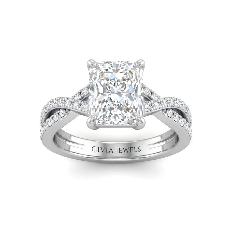 Silver Radiant Diamond Engagement Ring With Twisted Pavé Band And Four Prong Solitaire Setting