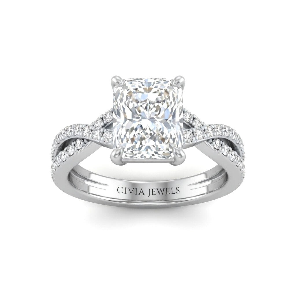 Silver Radiant Diamond Engagement Ring With Twisted Pavé Band And Four Prong Solitaire Setting