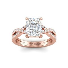 Rose Gold Radiant Diamond Engagement Ring With Twisted Pavé Band And Four Prong Solitaire Setting