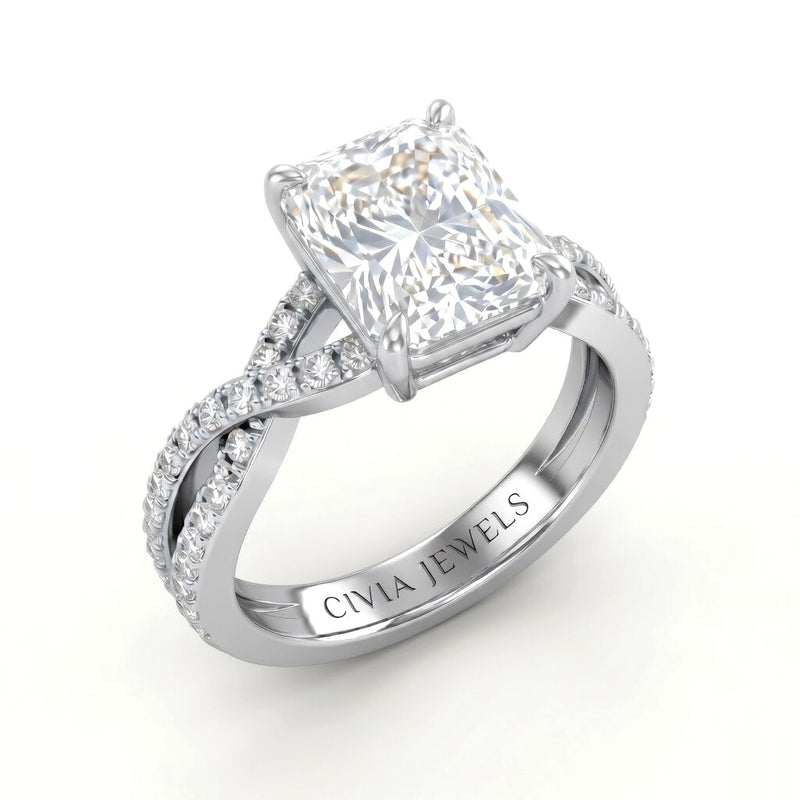 White Gold Radiant Diamond Engagement Ring With Twisted Pavé Band And Four Prong Solitaire Setting
