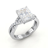 Silver Radiant Diamond Engagement Ring With Twisted Pavé Band And Four Prong Solitaire Setting