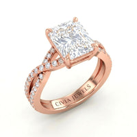 Rose Gold Radiant Diamond Engagement Ring With Twisted Pavé Band And Four Prong Solitaire Setting