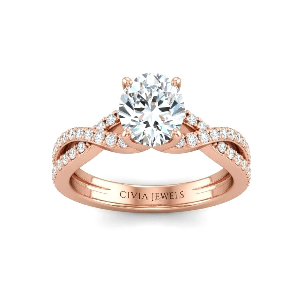 Rose Gold Round Diamond Engagement Ring With Twisted Pavé Band And Four Prong Solitaire Setting