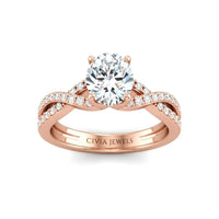 Rose Gold Round Diamond Engagement Ring With Twisted Pavé Band And Four Prong Solitaire Setting