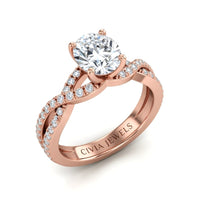 Rose Gold Round Diamond Engagement Ring With Twisted Pavé Band And Four Prong Solitaire Setting
