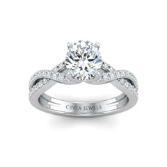 White Gold Round Diamond Engagement Ring With Twisted Pavé Band And Four Prong Solitaire Setting