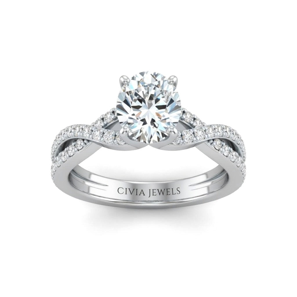 Silver Round Diamond Engagement Ring With Twisted Pavé Band And Four Prong Solitaire Setting