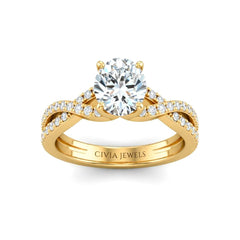 Yellow Gold Round Diamond Engagement Ring With Twisted Pavé Band And Four Prong Solitaire Setting