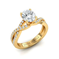 Yellow Gold Round Diamond Engagement Ring With Twisted Pavé Band And Four Prong Solitaire Setting
