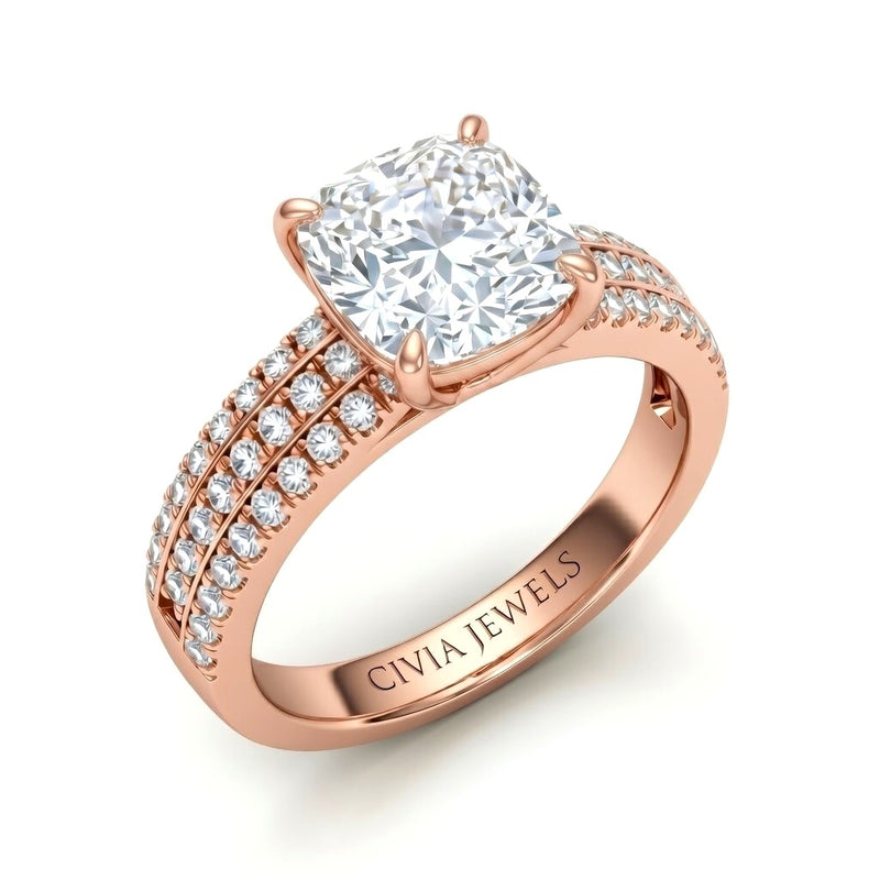 Rose Gold Cushion Diamond Engagement Ring With Triple Pavé Band