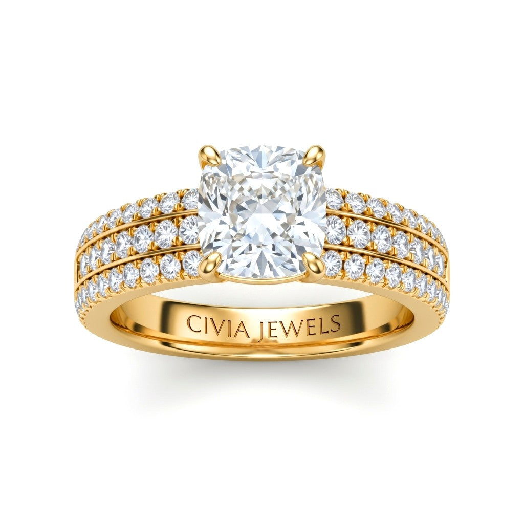 Yellow Gold Cushion Diamond Engagement Ring With Triple Pavé Band
