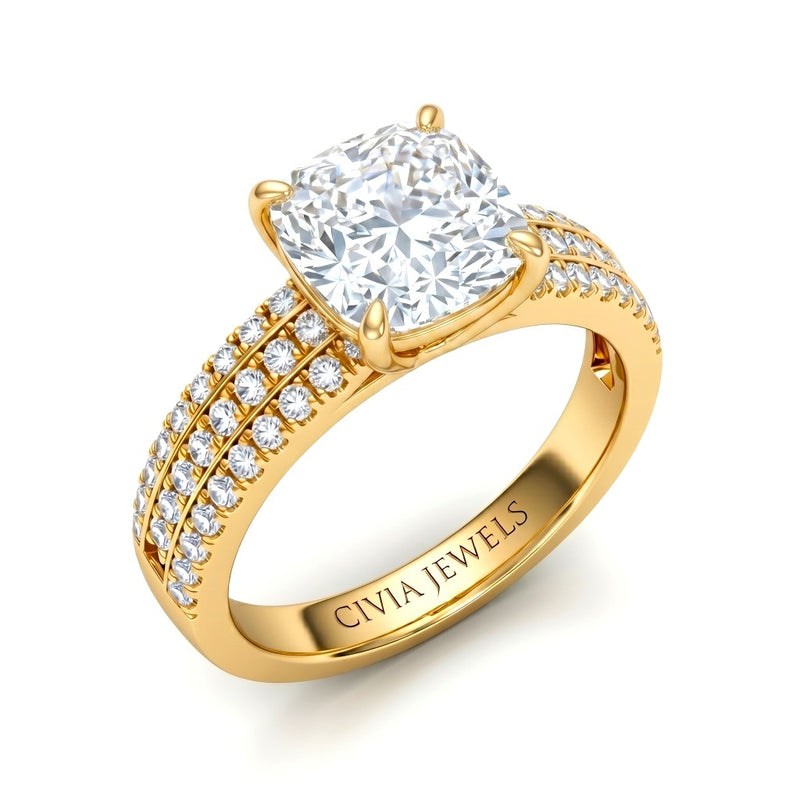 Yellow Gold Cushion Diamond Engagement Ring With Triple Pavé Band
