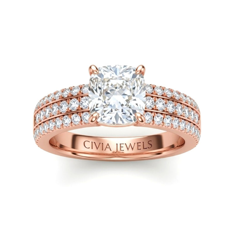 Rose Gold Cushion Diamond Engagement Ring With Triple Pavé Band
