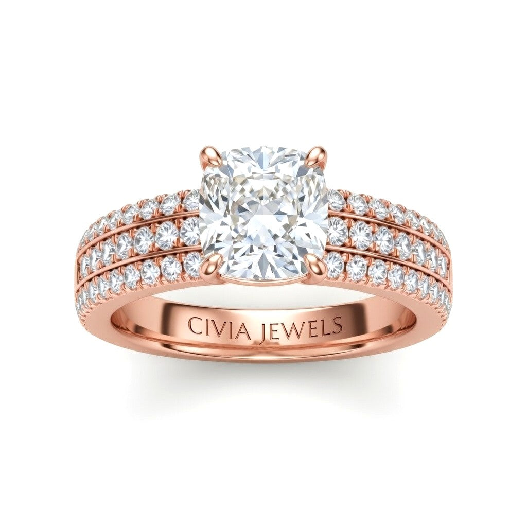 Rose Gold Cushion Diamond Engagement Ring With Triple Pavé Band