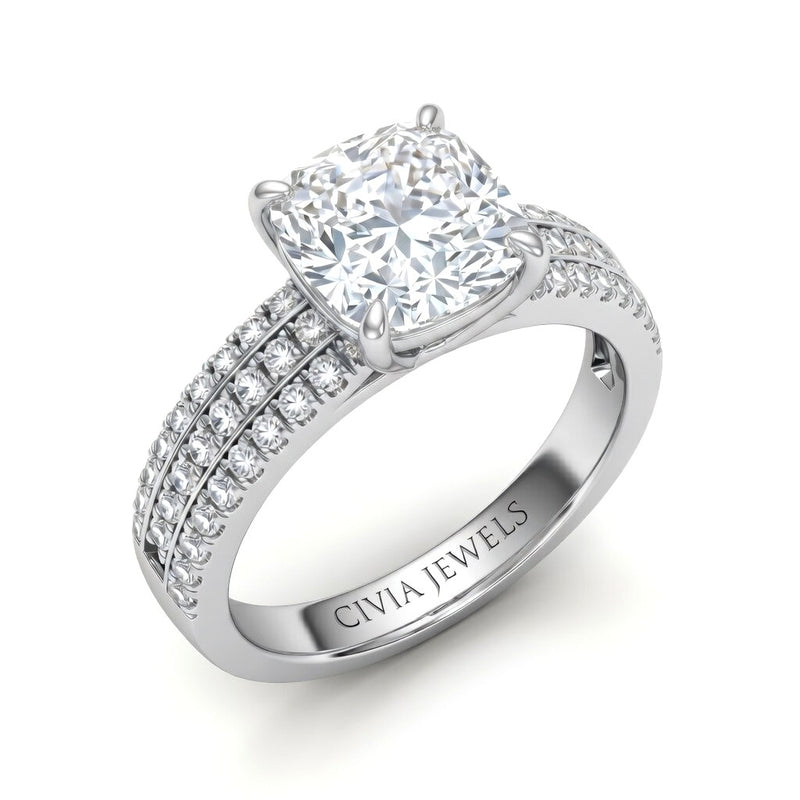 White Gold Cushion Diamond Engagement Ring With Triple Pavé Band