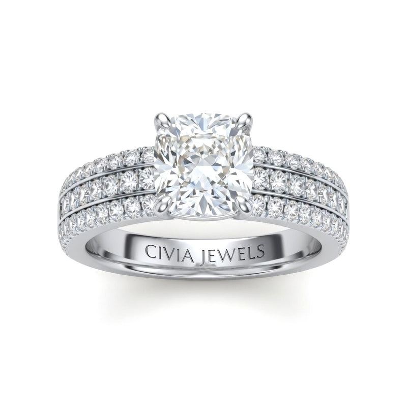 White Gold Cushion Diamond Engagement Ring With Triple Pavé Band