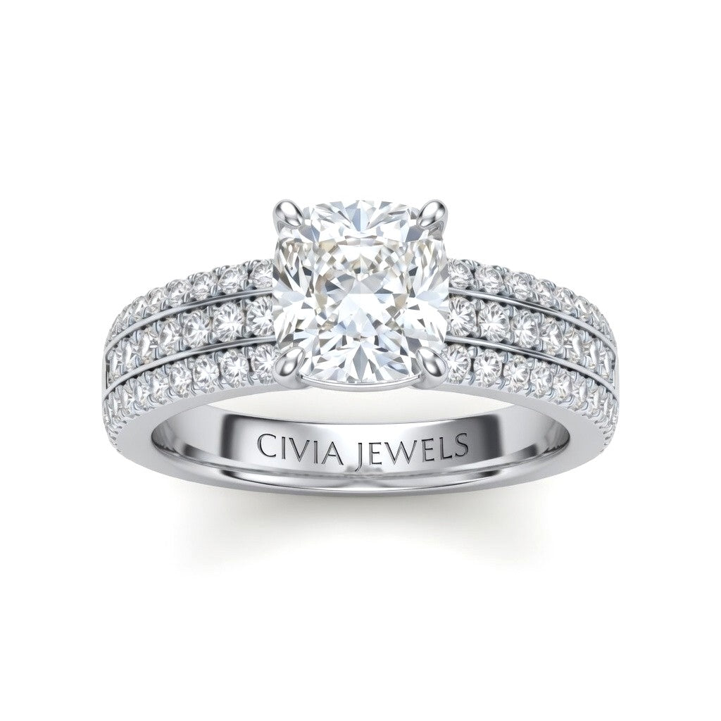 White Gold Cushion Diamond Engagement Ring With Triple Pavé Band
