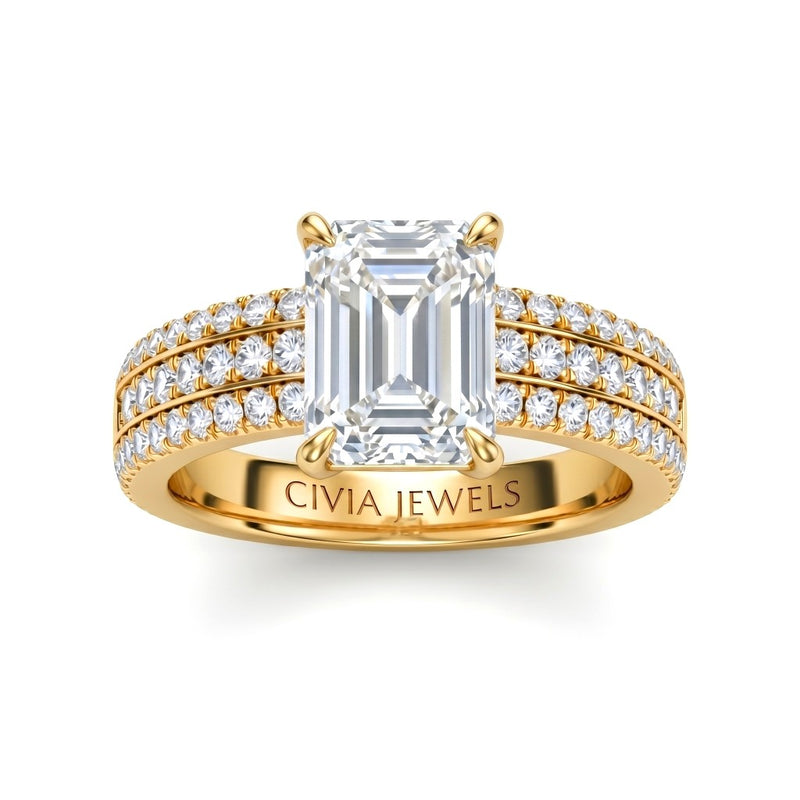Yellow Gold Emerald Diamond Engagement Ring With Triple Pavé Band